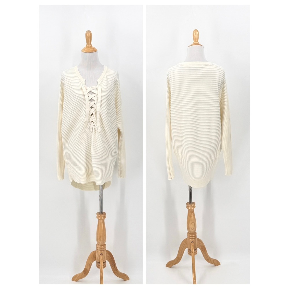 DESIGNERS REMIX Sweater Women Medium Cream Lace Up Ribbed Knit Cotton Oversized